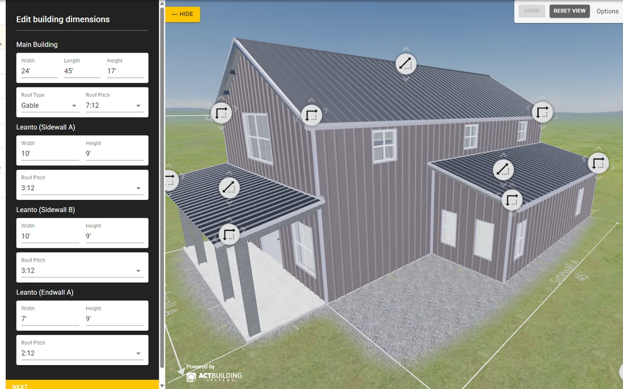 The cold-formed steel 3D designer showing a gable steel building