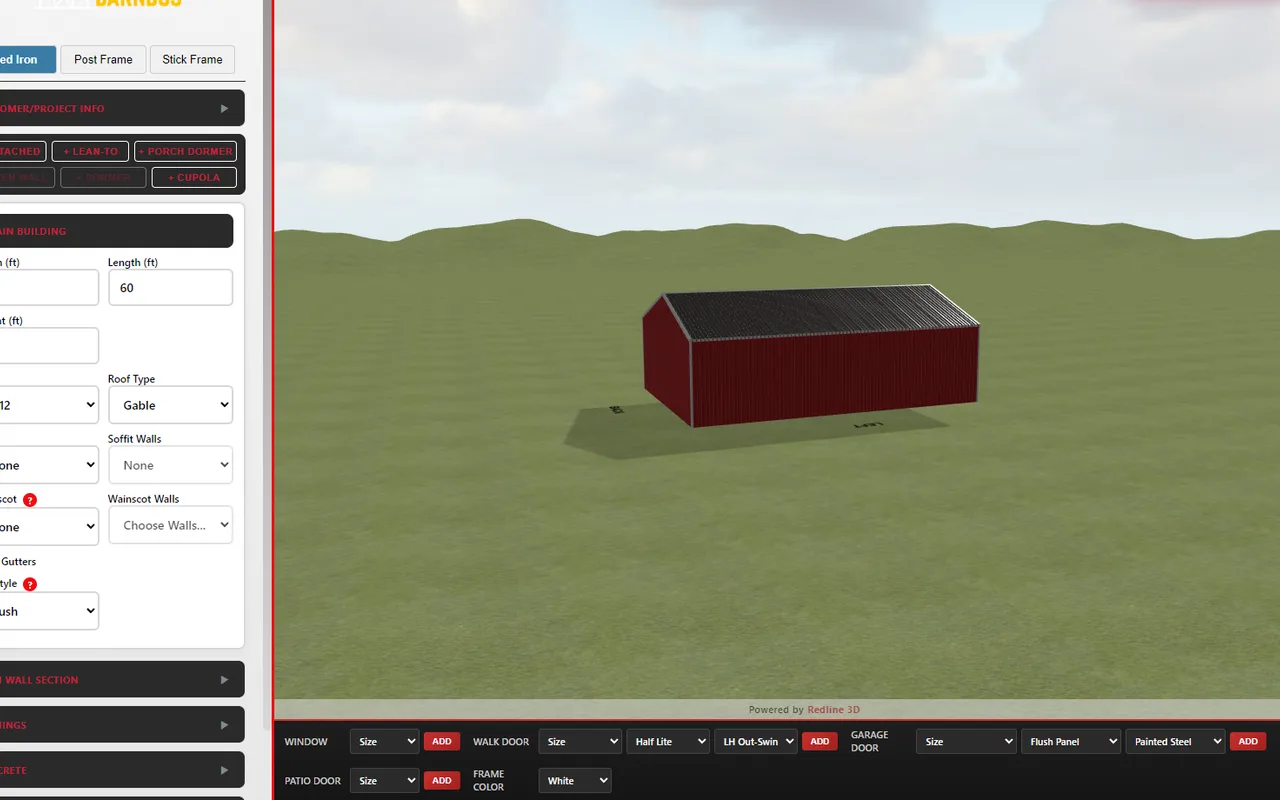 The red iron 3D designer showing a steel building configurator