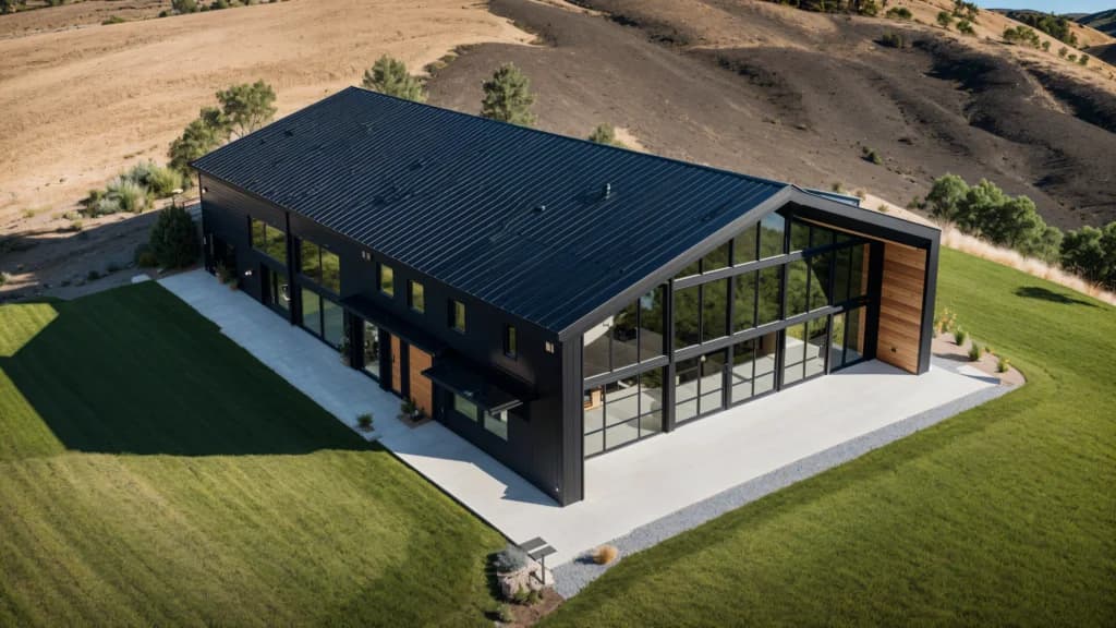 Modern barndominium with large windows