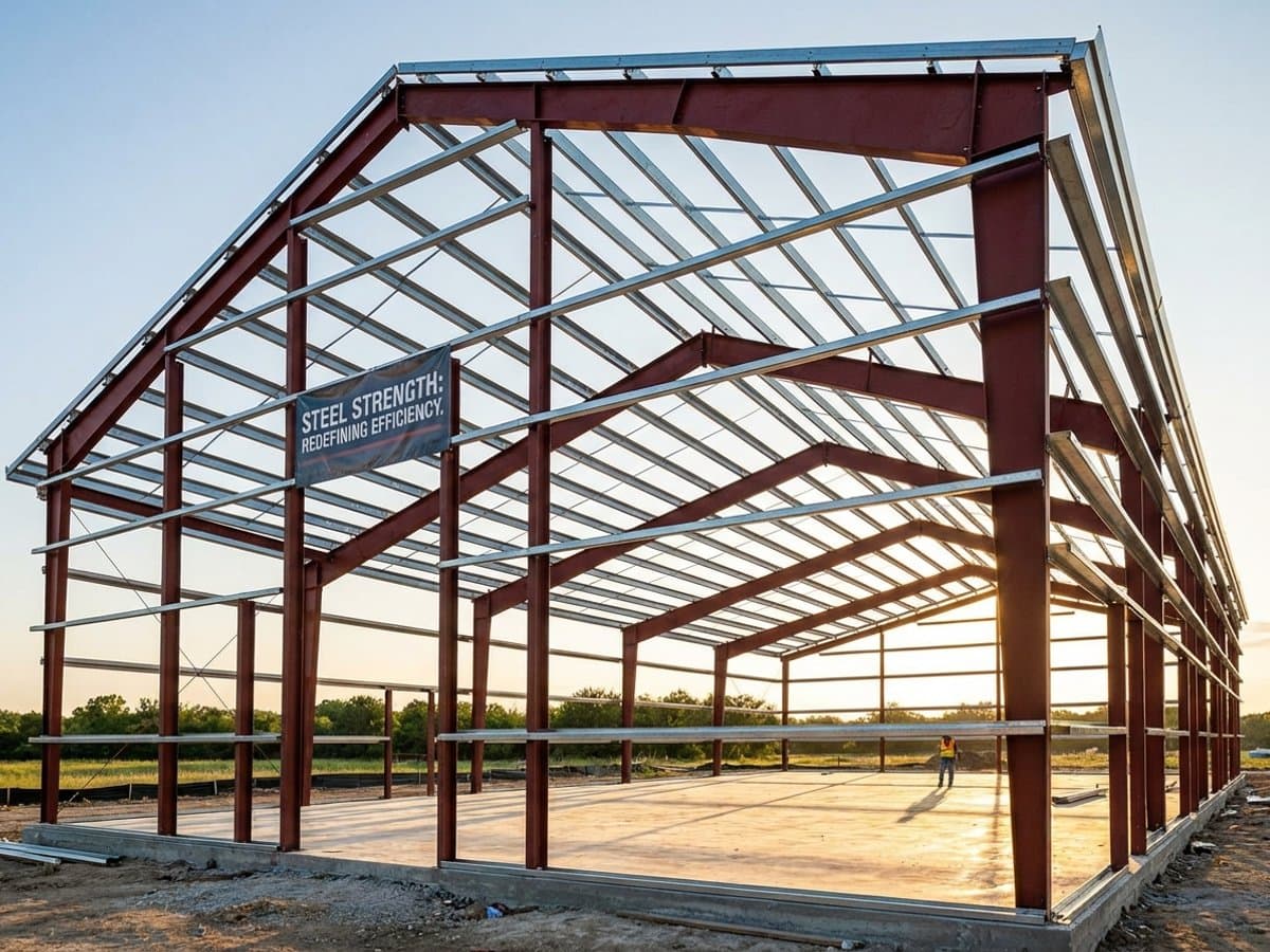 Steel barndominium framing under construction showing the engineered steel frame
