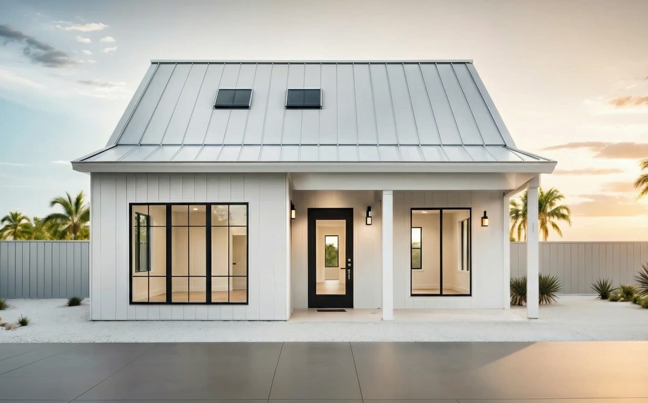 White coastal ADU cottage with metal roof and large windows