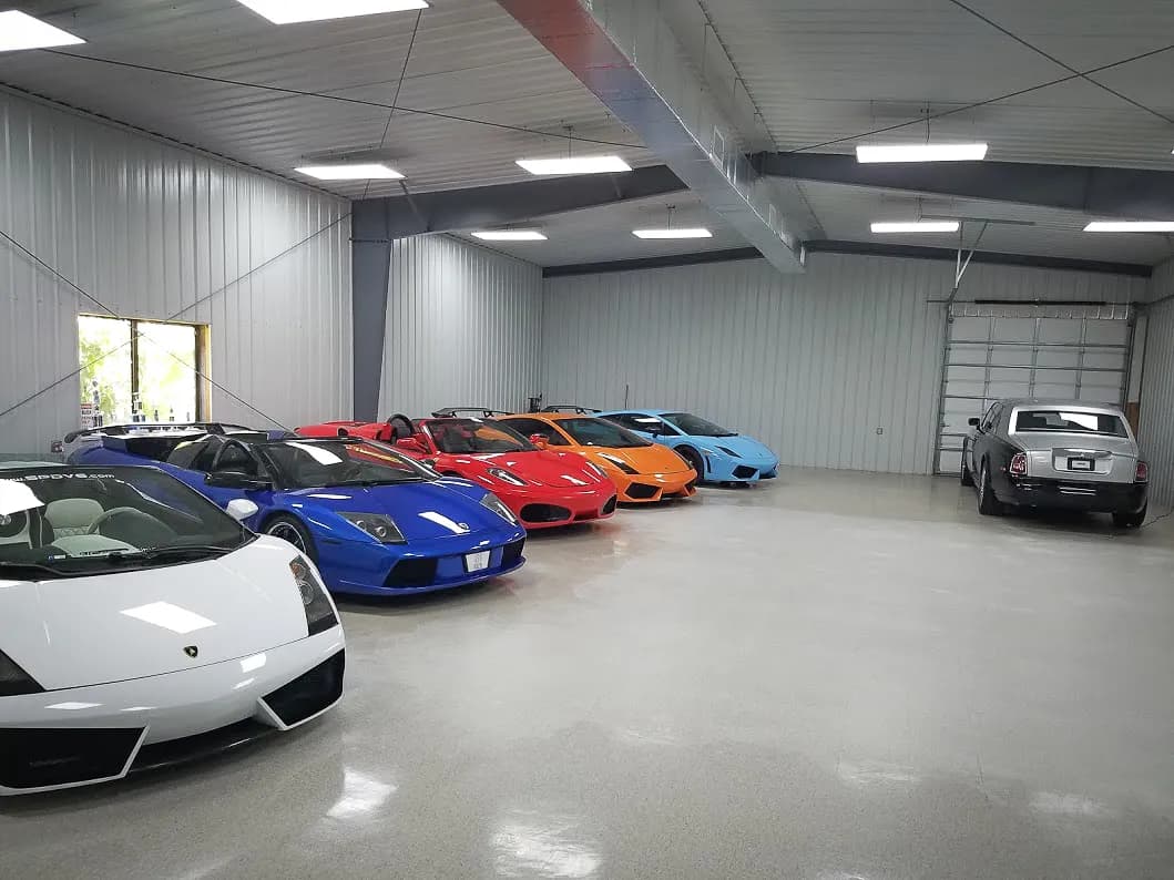 Steel garage interior with vehicles